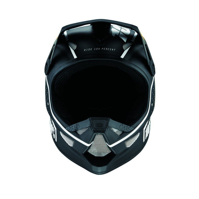 Front view of a black and white full-face 100% Status Helmet Dreamflow Black with the text "RIDE 100 PERCENT" on the inside top edge, also available in youth sizes.