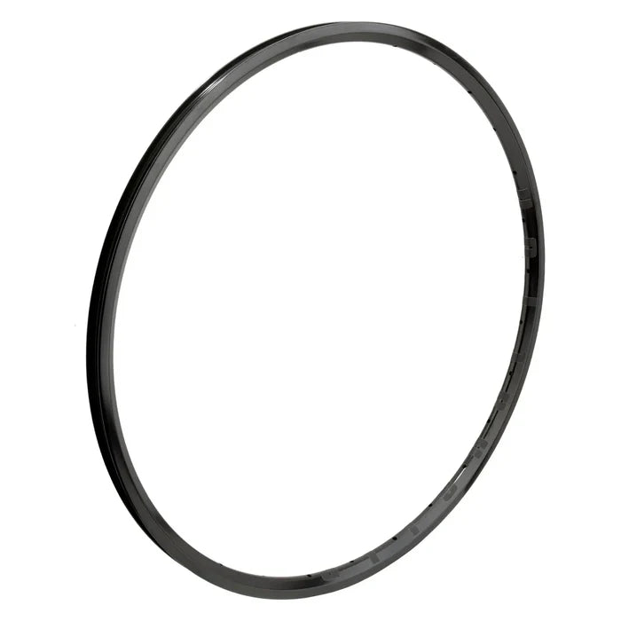 The Alienation Mite TCS Rim, a black circular bicycle rim made from 6069 T6 aluminium, is isolated on a white background.
