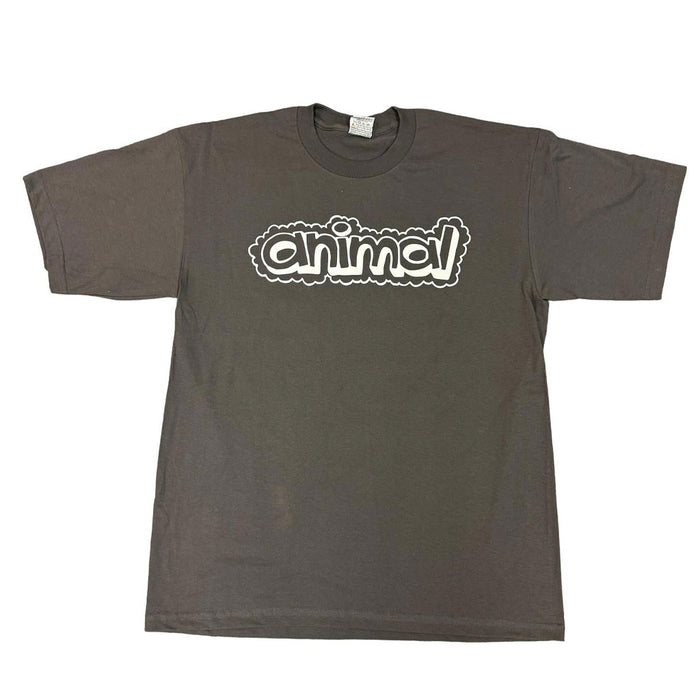 The Animal Bubble Tee is a dark gray T-shirt with the word "animal" printed in a white bubble font across the chest, designed by an illustrator from Atlanta. This exclusive piece is part of a limited collection that artfully combines hip-hop influences with modern fashion.
