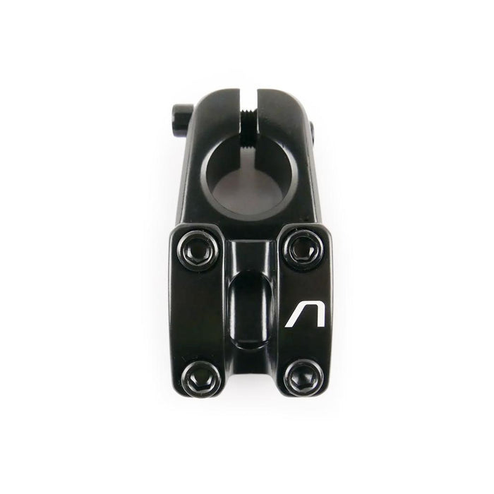The Arise Cobalt Junior Top Load Stem offers a 40mm reach, four bolt holes, and a sleek black finish. The central clamp showcases a stylized white logo on a plain white background, combining durability with style for mini juniors.