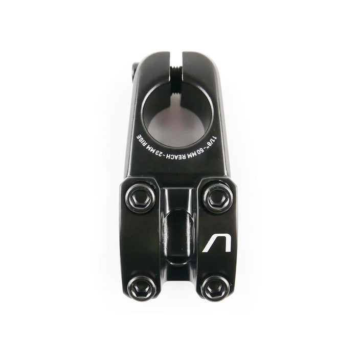 Close-up of an Arise Cobalt Pro Top Load Stem, designed for 1 1/8" steerer tubes, featuring four bolt holes and a sleek logo.