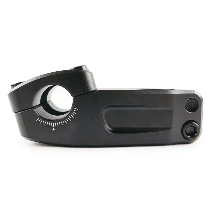 The Arise Neon Pro Top Load Stem (22.2mm Clamp) is a black BMX stem made from 6061-T6 alloy, CNC machined for precision with a visible dial and arrow indicator, featuring two bolts on the right side and a wider faceplate for enhanced stability.