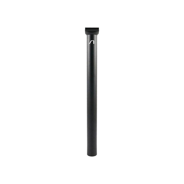 The Arise Zoids Seat Post, made from sturdy 6061-T6 alloy, showcases a black design with a logo on top. Compatible with pivotal systems for improved performance and reliability, it is artistically displayed against a white background.
