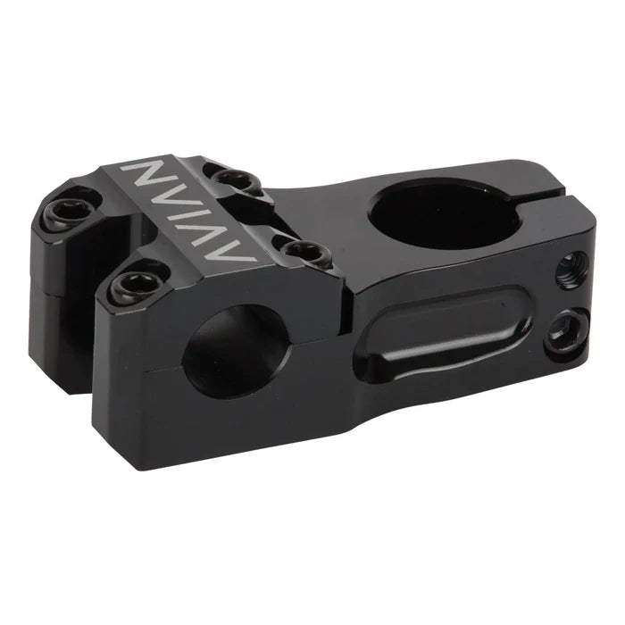 Black anodized Avian Scorcher Top Load 1-1/8in Stem (22.2mm Clamp) with AVIAN branding, featuring a four-bolt faceplate and side cutouts for a truly lightweight BMX race stem.