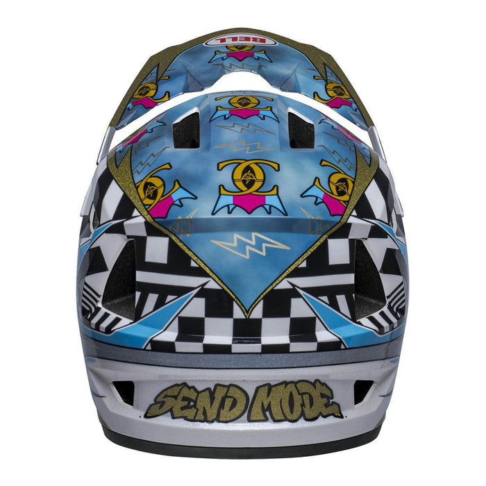 The Bell Sanction 2 DLX MIPS Caiden Black/White is a lightweight helmet with a colorful pattern featuring blue and yellow kites, black and white checkered designs, and the words "SEND MODE" at the bottom. Equipped with MIPS technology, it ensures optimal protection while maintaining style.