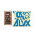 Assorted cardboard and foam cutouts in blue and yellow, packaged in a clear plastic bag, alongside a separate brown cardboard piece, perfect for BSD ALVX AF Frame 2019 Decal Set projects or replacement sticker packs.