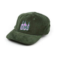 A dark green corduroy baseball cap with an embroidered design of three pink and blue bottles on the front, perfect for those who appreciate a touch of street style, the BSD Bottle Cap Unstructured.