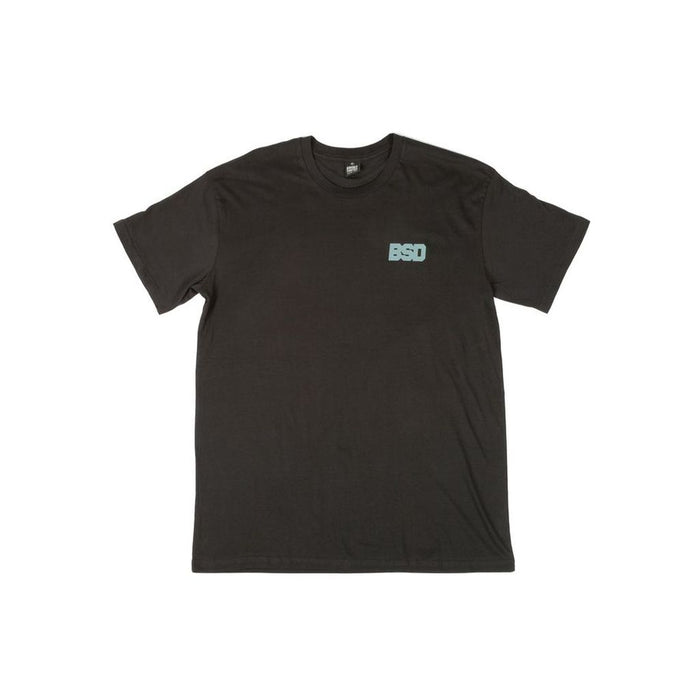 A black T-shirt with short sleeves, featuring a small "BSD" logo in light blue on the upper left chest area. Perfectly named the BSD We Here Forever Tee, this shirt is a timeless piece that's never gonna fade away.
