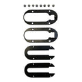 Four CHASE ACT FRAME DROP OUT KIT 10MM black metal brackets with cutouts and mounting holes, accompanied by eight screws, arranged in a grid pattern on a white background.