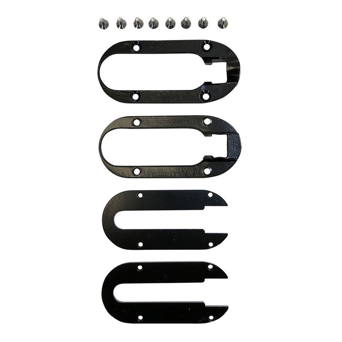 Four CHASE ACT FRAME DROP OUT KIT 10MM black metal brackets with cutouts and mounting holes, accompanied by eight screws, arranged in a grid pattern on a white background.