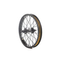 The Colony Horizon 14 Inch Front Wheel, featuring black spokes and a metallic rim, is displayed upright against a white background.
