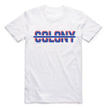 Introducing the Colony Strikethrough T-Shirt: this regular fit tee in white showcases "COLONY" in striking bold red and blue colors, artistically crossed by a sleek blue line. Made from soft carded cotton, it combines comfort and style effortlessly.