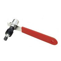 The Crank Extractor/Puller Tool - Square Taper, 14mm socket, 15mm Hex is a metal tool with a red handle designed for easy removal of crank arms from bike bottom brackets.