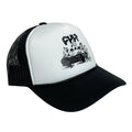 The Cult BurnItDown Trucker is a black and white hat showcasing a bold graphic of a burning car with "Cult Crew" prominently displayed on the front.