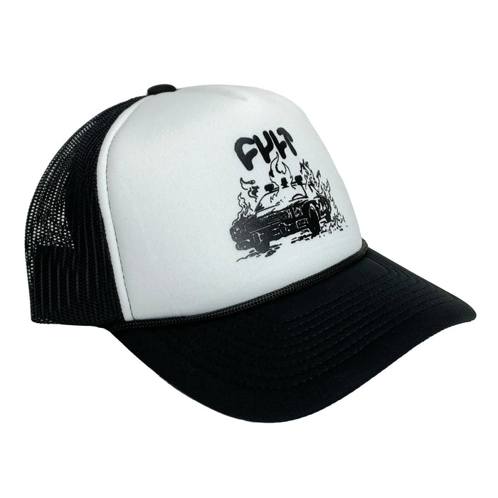 The Cult BurnItDown Trucker is a black and white hat showcasing a bold graphic of a burning car with "Cult Crew" prominently displayed on the front.