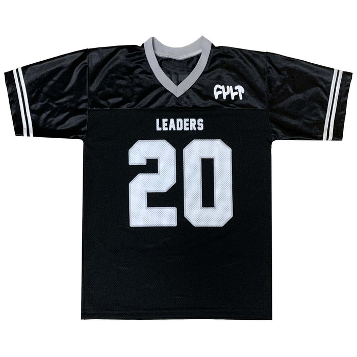 Introducing the Cult Leaders Jersey, a limited edition football jersey showcasing a black design with the white number 20 and "LEADERS" prominently displayed on the front. The gray collar and cuffs are accented with white trim, making it an essential piece for any Cult Crew fan.