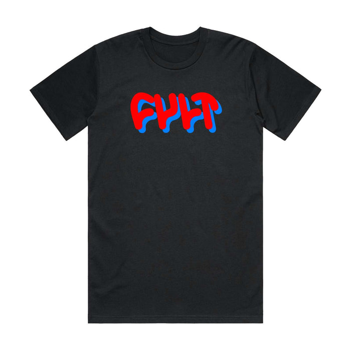 Cult Til The End T-Shirt, a black tee showcasing the bold red and blue "CULT" screen print with a dripping effect, designed for a modern fit.