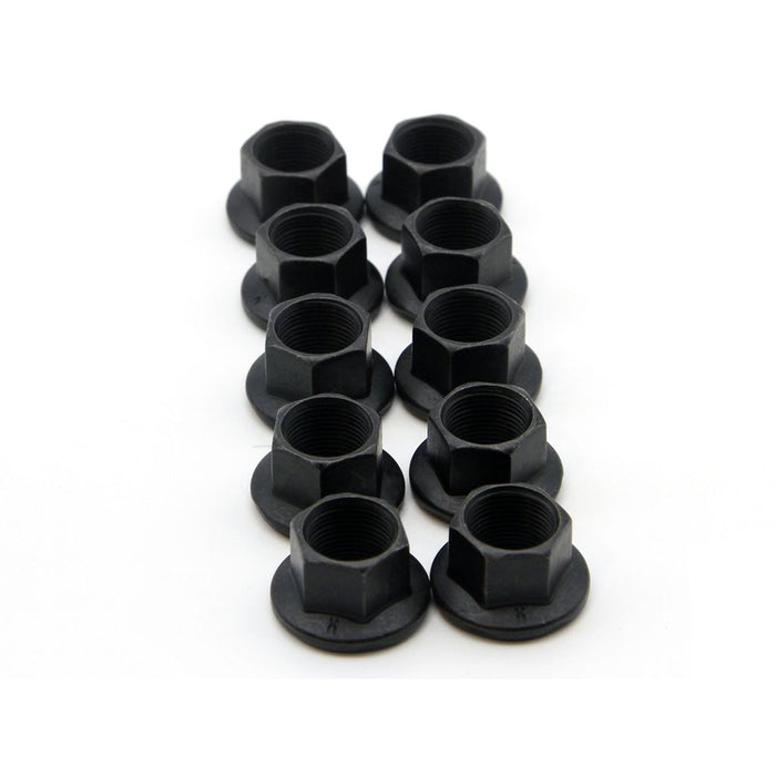 Close-up of ten DRS Axle Nuts (14mm) arranged in three neat rows on a white background.
