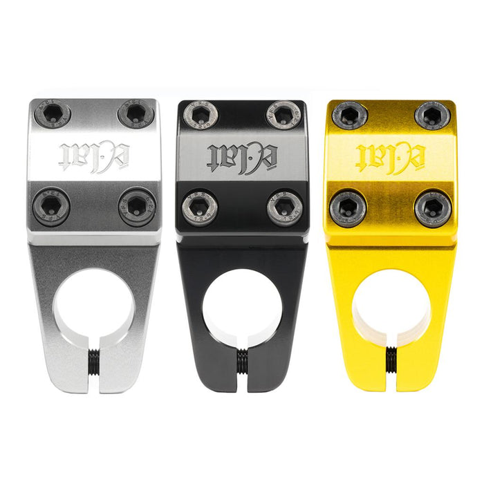 Three Eclat 1023 Stems (22.2mm clamp) in silver, black, and gold are displayed side by side on a white background, each featuring the same engraved logo on top. These limited edition components embody both style and precision engineering for your BMX setup.