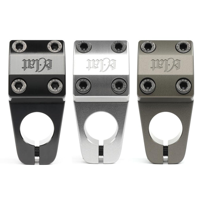 Three limited edition Eclat 1023 Stems (22.2mm clamp) in black, silver, and bronze are displayed side by side, each precisely CNC machined with four bolt holes and engraved logos on the top.