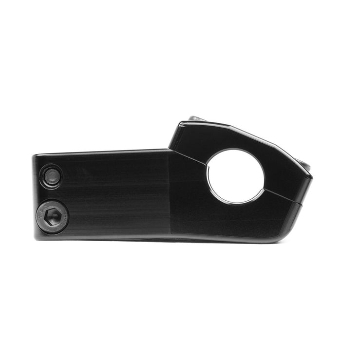 Side view of the Eclat 1023 Stem (22.2mm Clamp), a black metal BMX stem, CNC machined for precision, featuring two visible bolts and a central hole for handlebar attachment.
