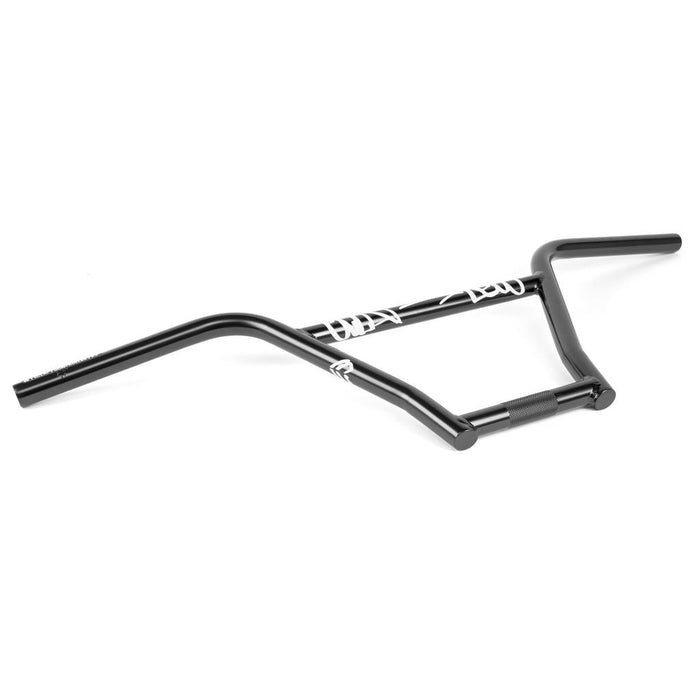 Black BMX handlebars with a crossbar and white printed text, positioned on a white background. These are the Eclat Controller V2 4 Piece Handlebars (22.2mm Clamp), designed for superior style and performance.