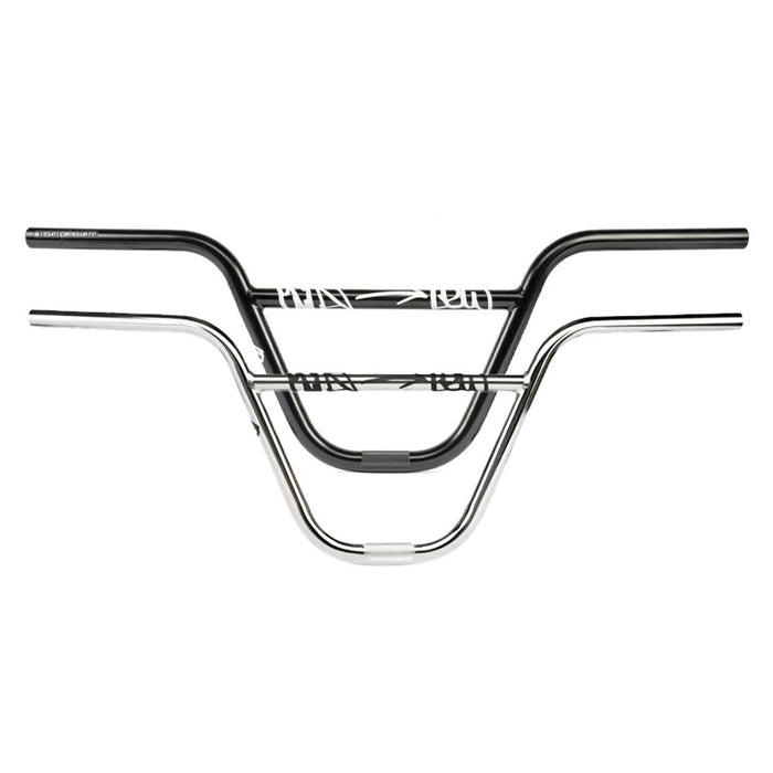 Three BMX handlebars, including the Eclat Controller V2 Handlebars (22.2mm Clamp), are stacked horizontally to display various sizes and colors: two black bars on top and a silver one at the bottom, each featuring branding on the crossbar.
