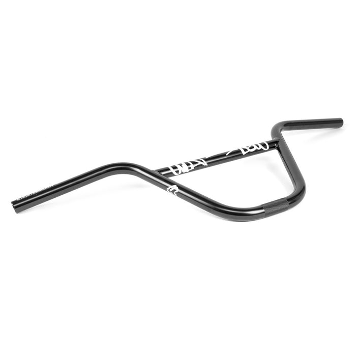 Eclat Controller V2 Handlebars (22.2mm Clamp) in black, featuring a crossbar and white text graphics inspired by the Éclat PRO Lewis Mills Controller Bars, displayed on a white background.