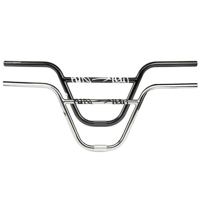Two BMX handlebars, the Eclat Controller V2 Handlebars (22.2mm Clamp), are shown—one in black and one in chrome—featuring similar designs with white graphics, displayed against a white background.