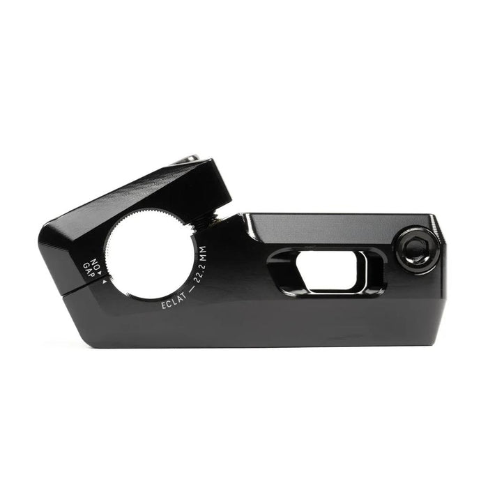 The Eclat Felix OS Top Load Stem features a sleek black metal design with a circular installation area, elongated adjustment slot, and the Vice-Jaw clamping system. Engineered as the Felix Prangenberg signature stem, it handles oversized 25.4mm bars effortlessly.