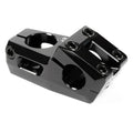 Introducing the Eclat Felix Top Load Stem (22.2mm Clamp): a black metal BMX top load stem featuring Felix Prangenberg's signature style with a Vice-Jaw clamping system, multiple bolt holes, an angular design, and a polished finish for unmatched performance and precision.