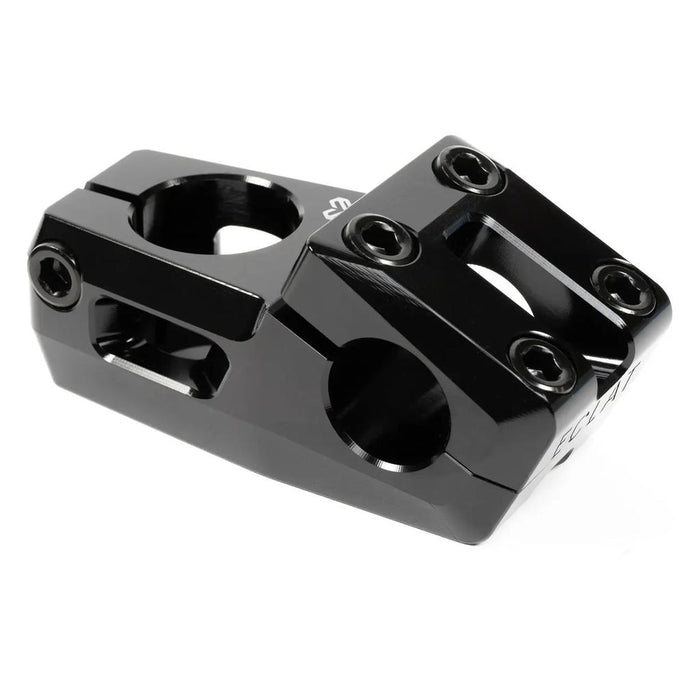 Introducing the Eclat Felix Top Load Stem (22.2mm Clamp): a black metal BMX top load stem featuring Felix Prangenberg's signature style with a Vice-Jaw clamping system, multiple bolt holes, an angular design, and a polished finish for unmatched performance and precision.