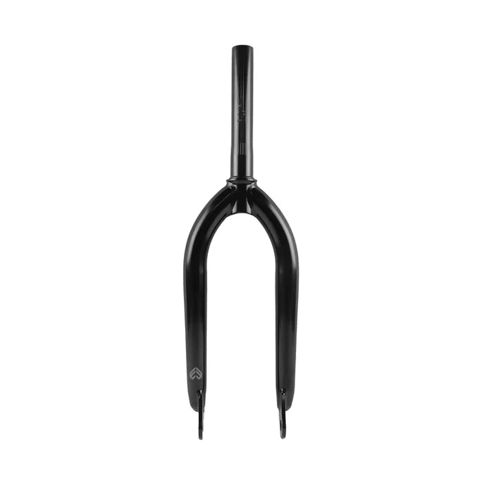 The Eclat Storm TA Forks feature a sleek black design on a white background, showcasing a robust 4130 CrMo construction with closed dropouts for enhanced durability and performance.