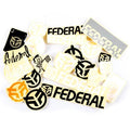 The Federal 22pc Sticker Pack features a mix of Federal Bikes stickers in various shapes, sizes, and colors, ideal for frame graphics, displayed on a white surface.