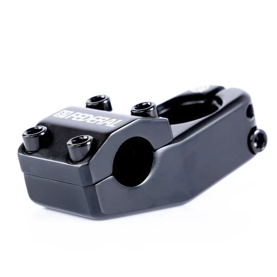 The Federal Element V2 Top Load Stem (22.2mm Clamp) is a black metal BMX bike stem made from durable 6061 aluminium, featuring four front bolts and the “FEDERAL” logo printed on top, shown against a white background.