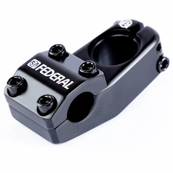Federal Element V2 Top Load Stem (22.2mm Clamp), shown in black, is designed for BMX bikes and features durable 6061 aluminium construction, four front bolts, a side clamp, and a visible logo, displayed on a white background.
