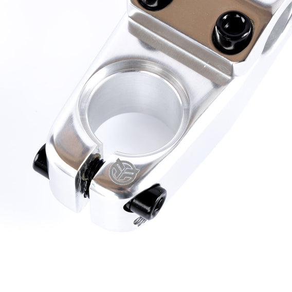 Close-up of a Federal Element V2 Top Load Stem (22.2mm Clamp) in silver metal, crafted from 6061 aluminium with black bolts and an engraved logo, photographed on a white background.
