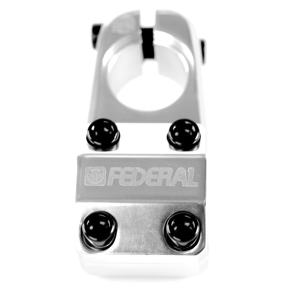 The Federal Element V2 Top Load Stem (22.2mm Clamp) is a silver metal stem constructed from robust 6061 aluminium, featuring four black bolts and “FEDERAL” engraved on the front.