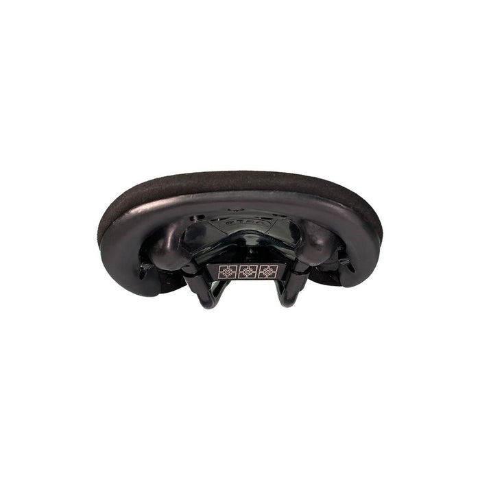 Close-up of a Fit Bike Co Microfibre Railed Seat with visible springs and a sleek microfiber cover. The black saddle underside showcases a slim design and includes a small label with three icons.