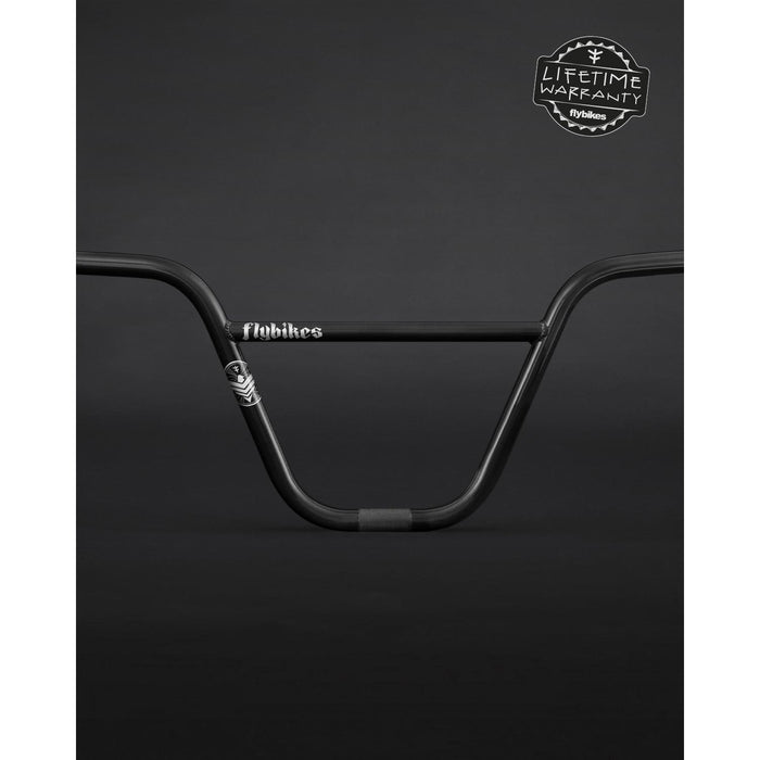 Black Fly Bikes Dove BMX handlebars on a dark backdrop, made from multi-butted 4130 CrMo, with a Lifetime Warranty badge in the top right corner.