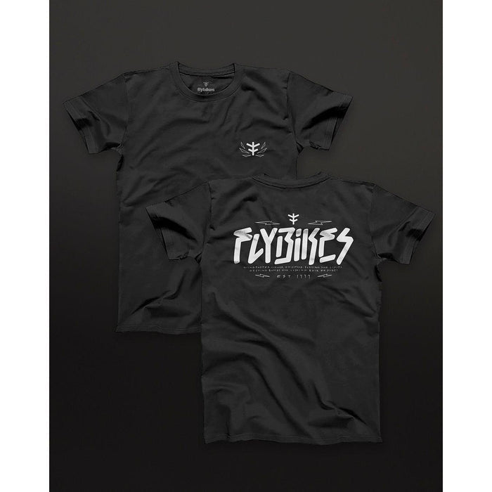 Two black Fly Bikes Faster T-Shirts, made from GOTS-certified organic cotton. One has a small front logo design and the other a large back logo, both against a dark background, exemplifying sustainable clothing.