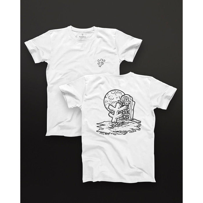 The Fly Bikes Grave T-Shirt, made from GOTS certified organic cotton, showcases a cactus design on the front and an illustration of a cactus, tombstone, and moon on the back, ideal for those who love stylish sustainable apparel.