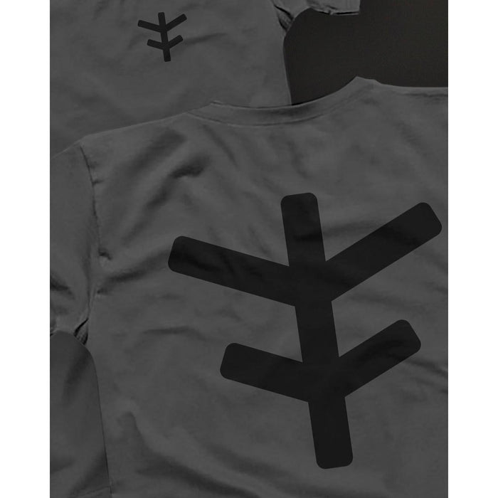 The Fly Bikes Logo Tee, a gray T-shirt made from organic cotton, showcases large stylized black tree-like symbols on the back, promoting sustainable fashion.