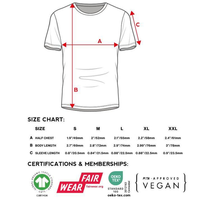 Explore the Fly Bikes Logo Tee size chart, detailing half chest, body length, and sleeve length for S-XXL. Made from organic cotton, it is certified by the Global Organic Textile Standard, Fair Wear, OEKO-TEX, and Vegan.