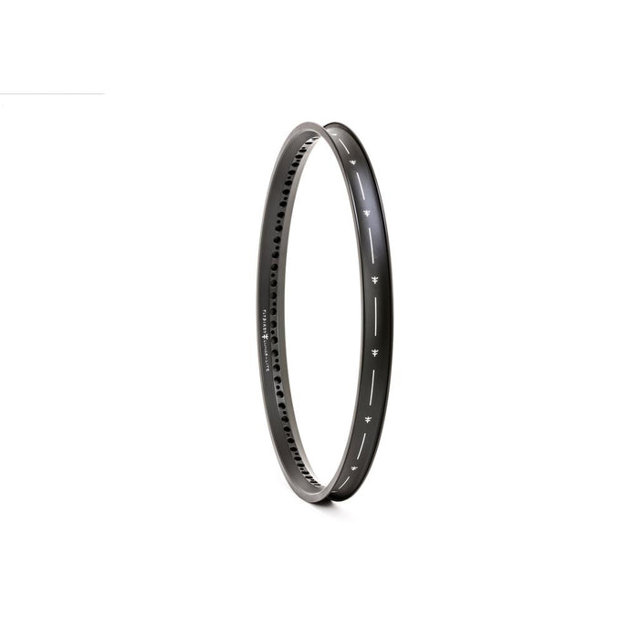 A round, silver hoop stands upright against a white background, adorned with small decorative symbols reminiscent of the Fly Bikes Lunar Lite Rim design.