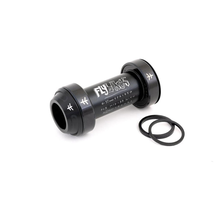 The Fly Bikes Rotar BB is a sleek bottom bracket crafted from CNC-machined aluminum, featuring black rubber rings on a pristine white background.