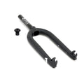 A Fly Bikes Volcano Forks in sleek black, designed for optimal tire clearance, with a small separate component, rests on a pristine white background.