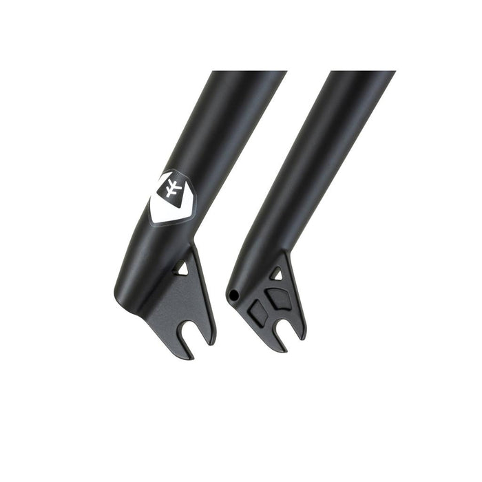 Close-up of two black Fly Bikes Volcano Forks ends, showcasing a white emblem logo. The design features sleek curves, ample tire clearance, and axle cutouts, ideal for BMX steer-tubes.
