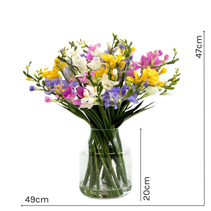 Freezia Mix Silk Flower Arrangement in Glass Vase. Full front view with measurements. Arrangements available from www.plantcouture.co.za