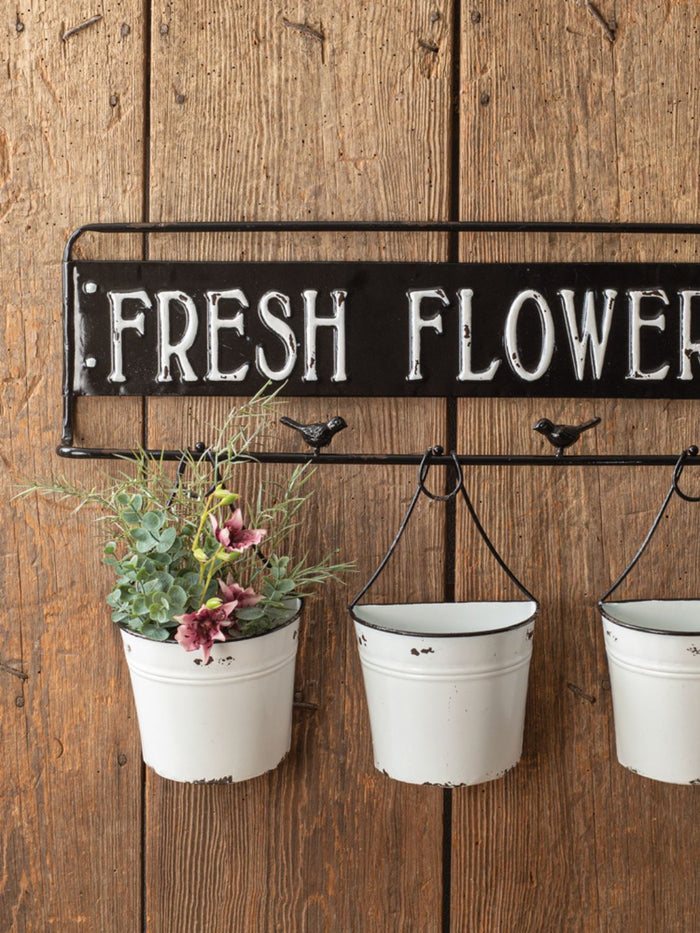 Fresh Flowers Metal Sign with Metal Buckets